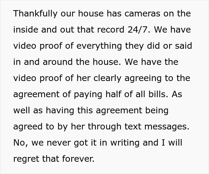 Text discussing video proof of a woman agreeing to pay bills; relates to a family dispute over unpaid expenses.