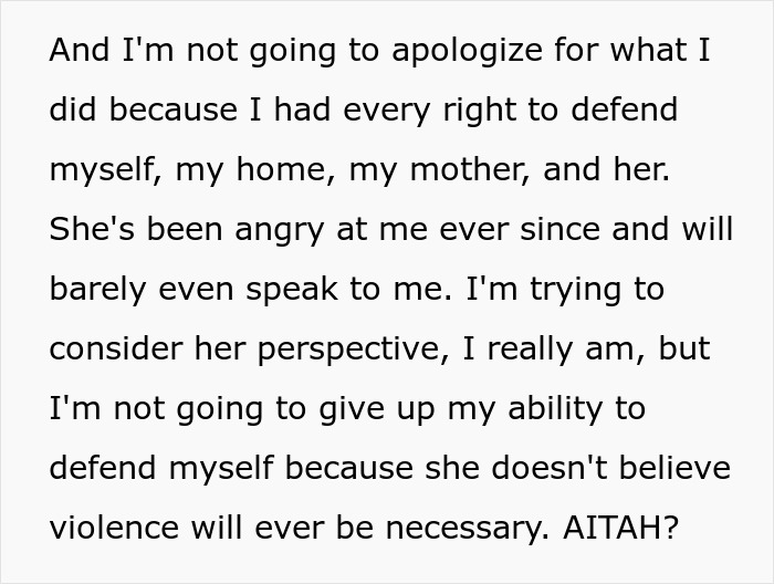 Text expressing a person's defense of their decision to protect themselves and others with a gun.