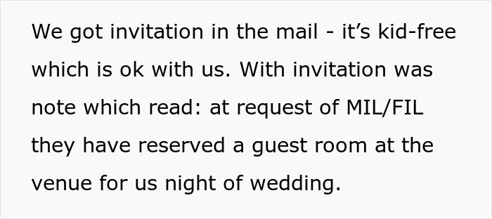 Text message about kid-free wedding invitation with note from in-laws.