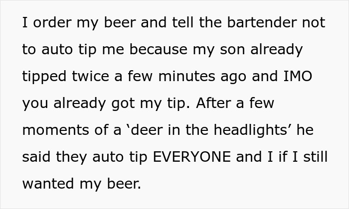 Text image discussing a refusal to accept an auto tip after double tipping, leading to a confrontation with the bartender.