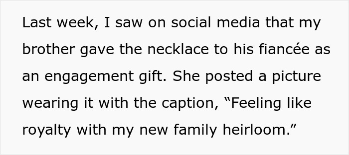 Text about family heirloom engagement gift causing dispute over ownership.