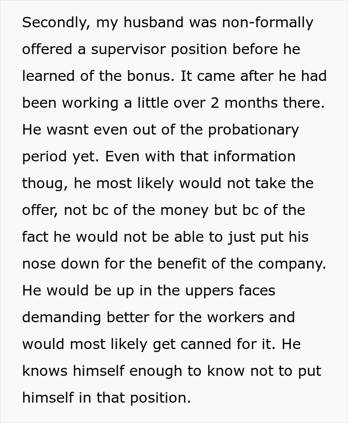 Text message about a husband who was offered a supervisor role before learning about a bonus after two months at work. Text message about a husband who was offered a supervisor role before learning about a bonus after two months at work.