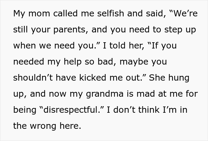 Text exchange about refusing help to parents who kicked me out.