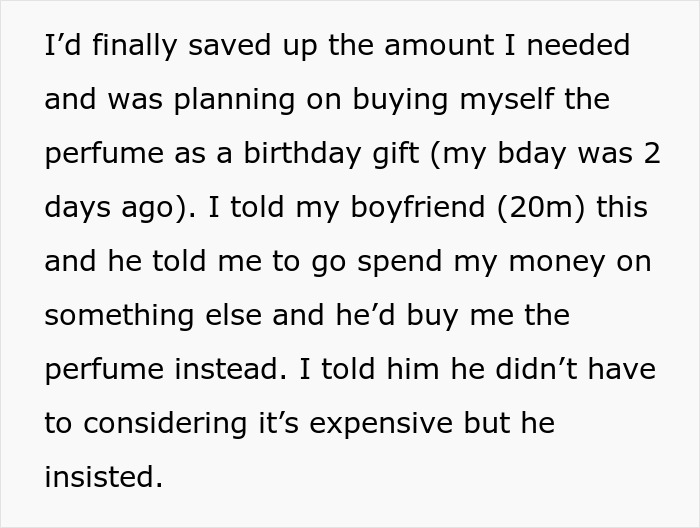 Text conversation about birthday perfume gift and saving money.