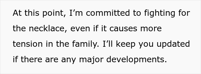 Text expressing commitment to fight for family heirloom despite causing family feud and legal battle.