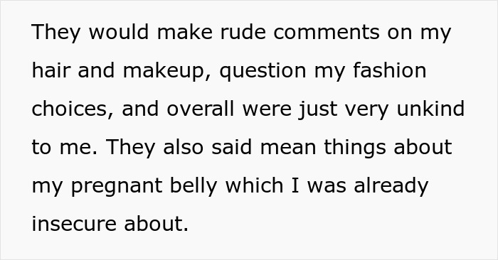 Text describing rude comments on appearance, fashion, and pregnancy. Shows unkind behavior towards a Canadian woman. Text describing rude comments on appearance, fashion, and pregnancy. Shows unkind behavior towards a Canadian woman.