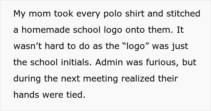 Text describing a mother exploiting a school dress code by stitching homemade logos onto shirts. Text describing a mother exploiting a school dress code by stitching homemade logos onto shirts.