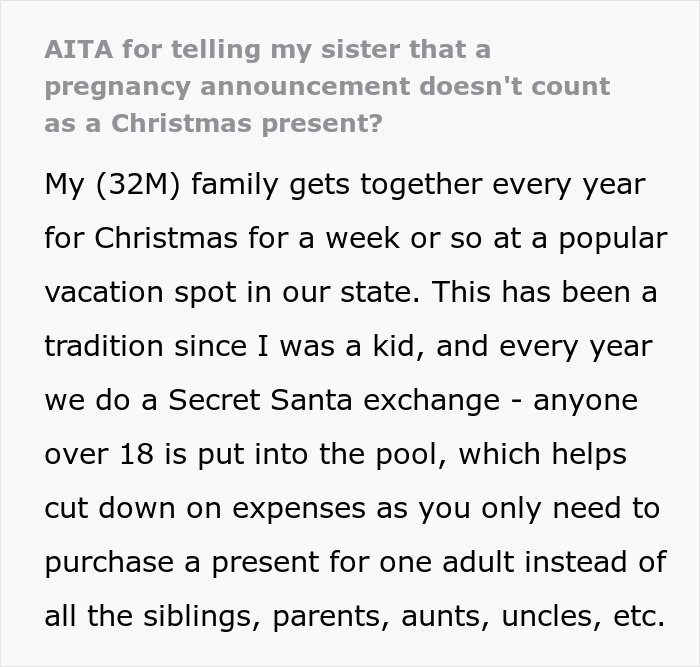 Text about a family discussion on whether a pregnancy announcement qualifies as a Christmas present. Text about a family discussion on whether a pregnancy announcement qualifies as a Christmas present.