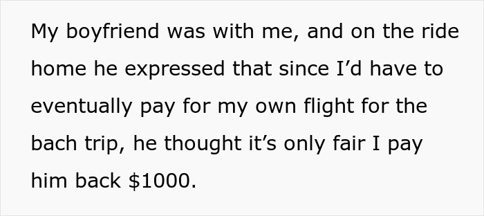 Text message discussing a boyfriend asking for $1000 repayment for a supposed free Europe trip.
