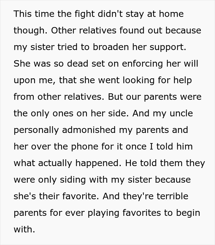 Text describing a family conflict where a sister seeks support from relatives over a disagreement. Text describing a family conflict where a sister seeks support from relatives over a disagreement.