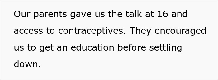 Text about parents discussing contraceptives and education with their children at age 16.