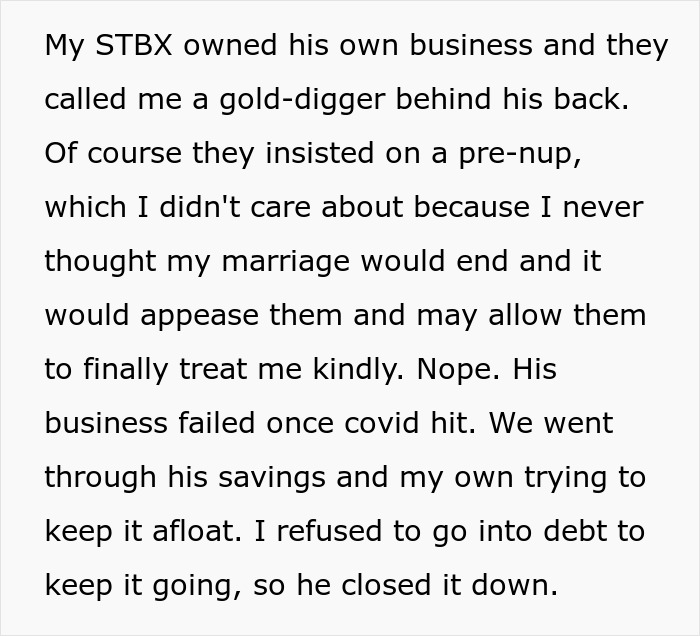 Text about a husband's failed business, a pre-nup, family tensions, and a marriage ending.