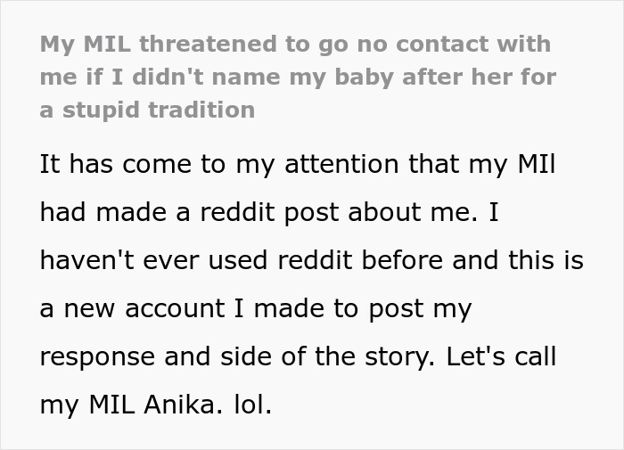 Text discussing MIL threats over a baby name tradition, with a response shared on Reddit to present another side of the story.
