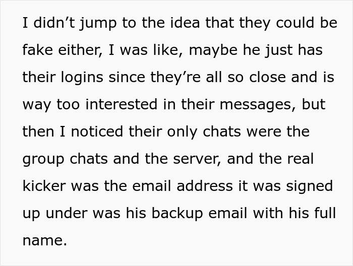 Text explaining suspicion about fake friend group chats in relationship. Text explaining suspicion about fake friend group chats in relationship.