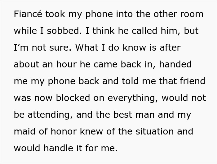 Text screenshot: Fianc&eacute; resolves situation after bride's male best friend's love confession.