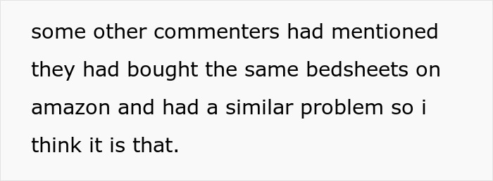 Text discussing commenters experiencing similar stain issues with bedsheets bought online.