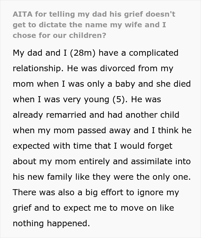 Text discussing dad's grief related to children's naming decisions and family dynamics. Text discussing dad's grief related to children's naming decisions and family dynamics.
