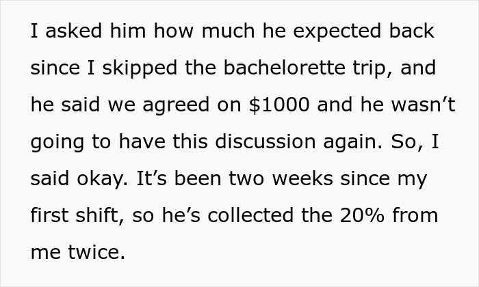 Text from woman regretting agreement on "free" Europe trip as boyfriend demands repayment.