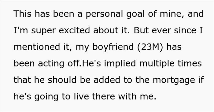 Text discussing boyfriend upset over not being added to the mortgage. Text discussing boyfriend upset over not being added to the mortgage.