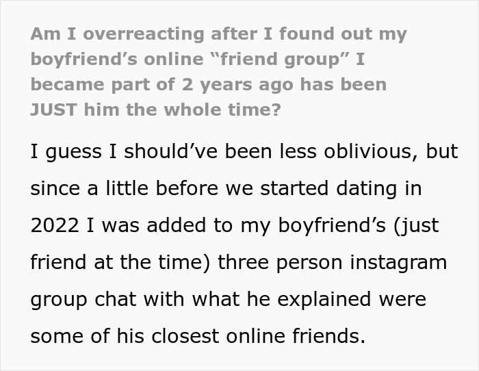 Text about a woman discovering her boyfriend's friend group was just him alone. Text about a woman discovering her boyfriend's friend group was just him alone.