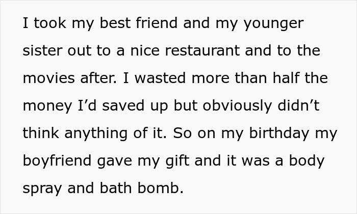 Text about a girlfriend disappointed by a birthday gift, involving perfume and bath products.