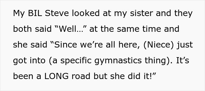 Text about family focusing on niece's gymnastics achievement, overshadowing woman's sobriety milestone. Text about family focusing on niece's gymnastics achievement, overshadowing woman's sobriety milestone.