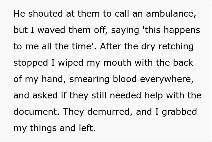 Text image about a work meeting incident involving vomiting blood, emergency dismissed, and leaving abruptly. Text image about a work meeting incident involving vomiting blood, emergency dismissed, and leaving abruptly.