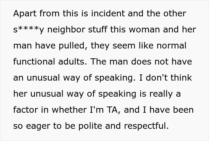 Text excerpt discussing a neighbor incident related to a blocked door and the woman's response.