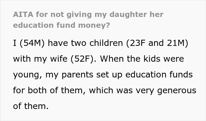 Text about family conflict over daughter&rsquo;s college fund and sibling's lavish lifestyle.