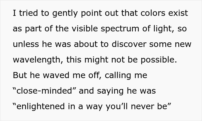 Text discussing a woman's skepticism over funding her boyfriend's new color invention research. Text discussing a woman's skepticism over funding her boyfriend's new color invention research.