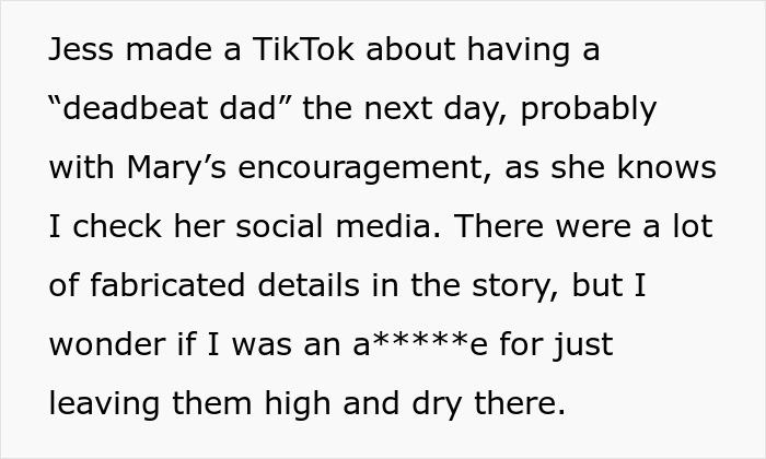 Text discussing a TikTok about a "deadbeat dad" with fabricated details, questioning the fairness of the portrayal.