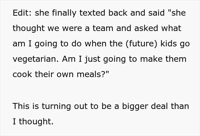 Text from a husband's perspective about a vegetarian meal prep dispute with spouse. Text from a husband's perspective about a vegetarian meal prep dispute with spouse.