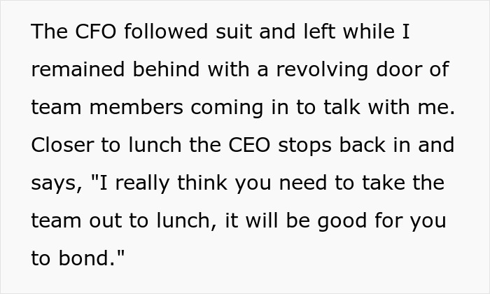 Text excerpt about a CEO suggesting lunch outings for team bonding, related to lunch preferences at the office.