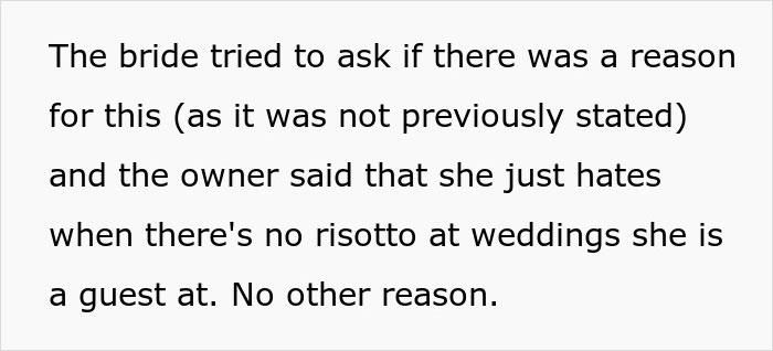 Text screenshot discussing a bride's disagreement with a wedding caterer over menu choices.