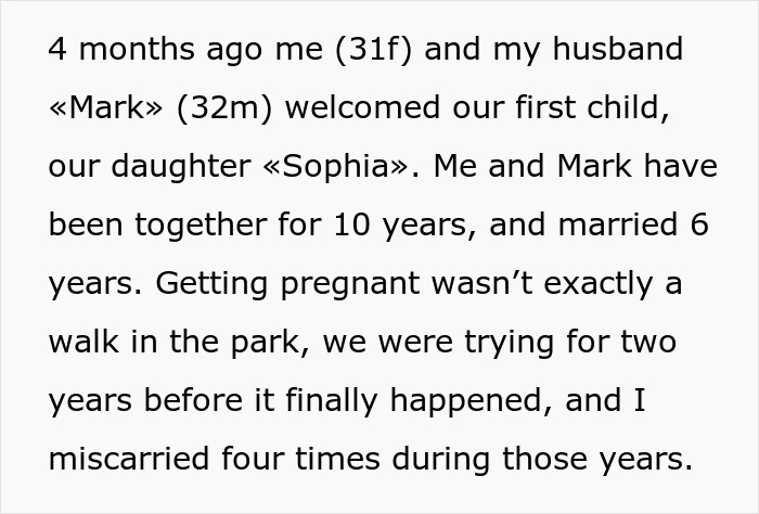 Text on the image discussing daughter's birth and family's history of miscarriages.