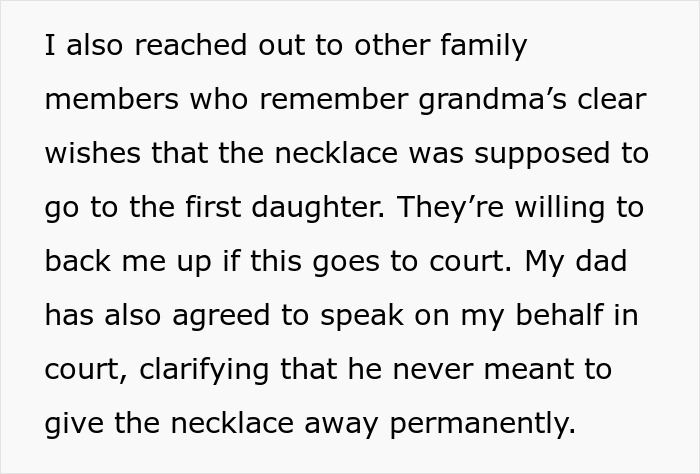 Text about a family feud over a heirloom necklace, sister plans to go to court.