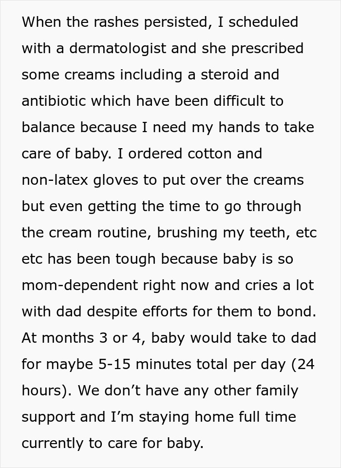 Text discussing a new mom's challenges balancing skincare routine and baby care due to dependency and lack of support.