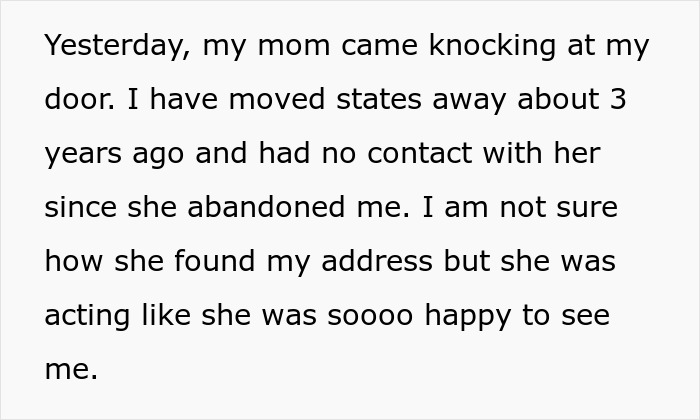 Text describes an unexpected visit from a toxic mom demanding inheritance.