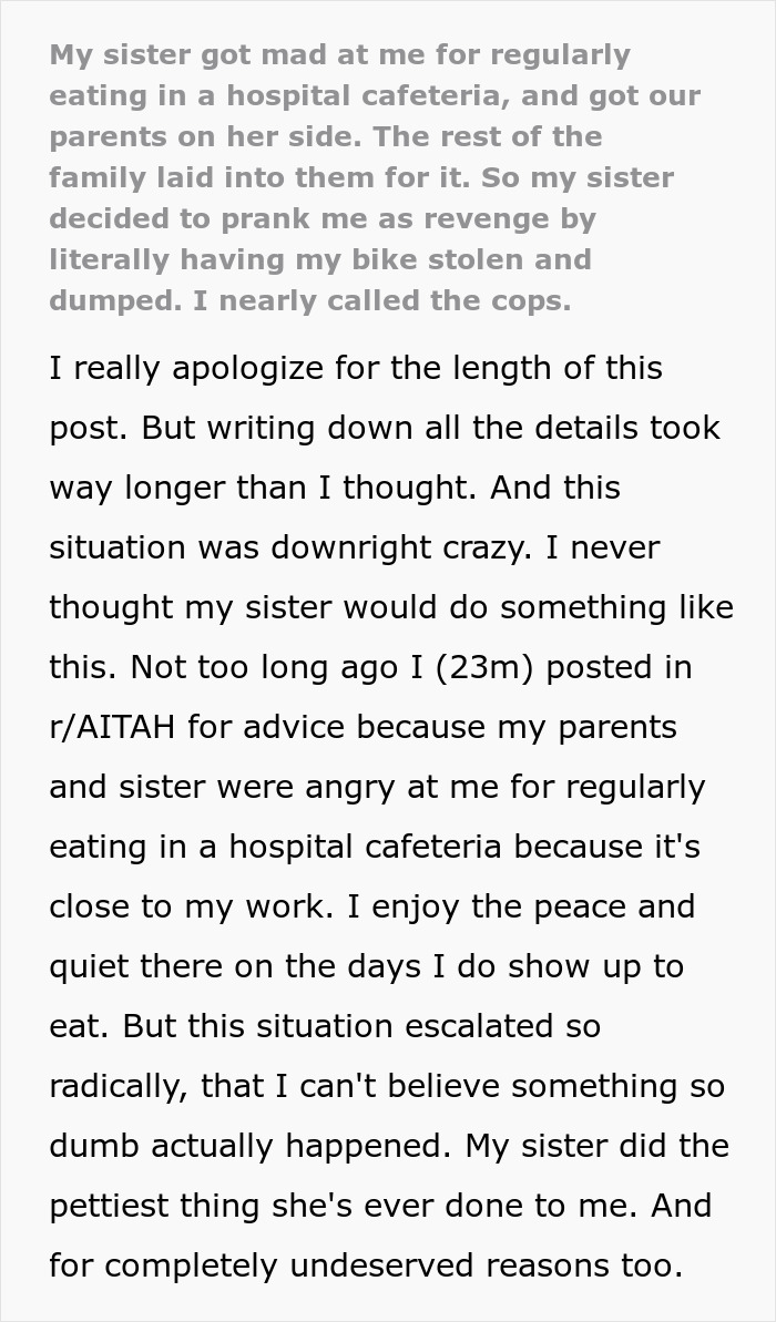 A text image recounting a disagreement where a woman dumped her brother’s bike over a prank. A text image recounting a disagreement where a woman dumped her brother’s bike over a prank.