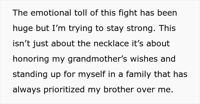 Text describes the emotional toll of a family feud over an heirloom, with emphasis on honoring grandmother&rsquo;s wishes.