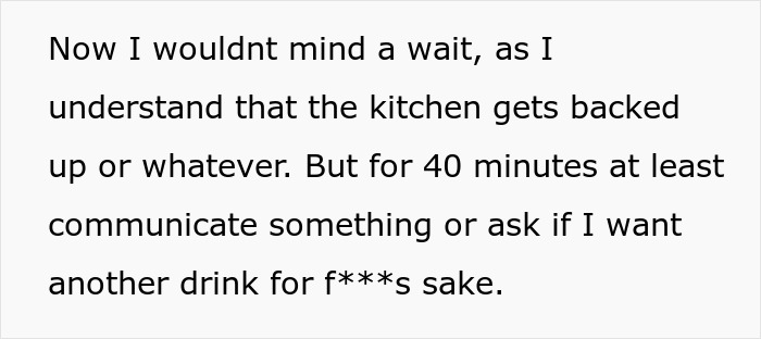 Text expressing frustration about waiting 40 minutes without communication at a restaurant.