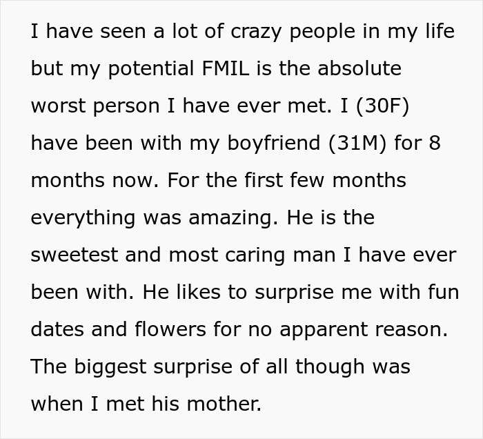 Text sharing a woman's experience with her potential FMIL, discussing relationships and surprises. Text sharing a woman's experience with her potential FMIL, discussing relationships and surprises.