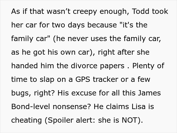 Text about a woman's revelations of her ex-husband's actions in a bugged car. Text about a woman's revelations of her ex-husband's actions in a bugged car.