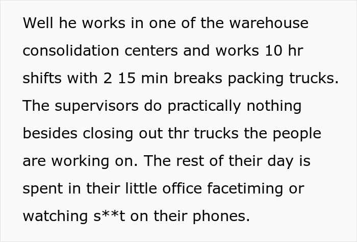 Text describing a worker's experience of ten-hour shifts, alongside minimal supervisor activity. Text describing a worker's experience of ten-hour shifts, alongside minimal supervisor activity.