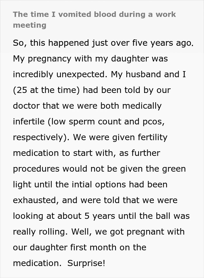 Text detailing a surprising pregnancy and medical advice, emphasizing unexpected outcomes during a life event. Text detailing a surprising pregnancy and medical advice, emphasizing unexpected outcomes during a life event.
