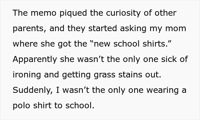 Text detailing a mom influencing others through a school dress code loophole, leading to more kids wearing polo shirts. Text detailing a mom influencing others through a school dress code loophole, leading to more kids wearing polo shirts.