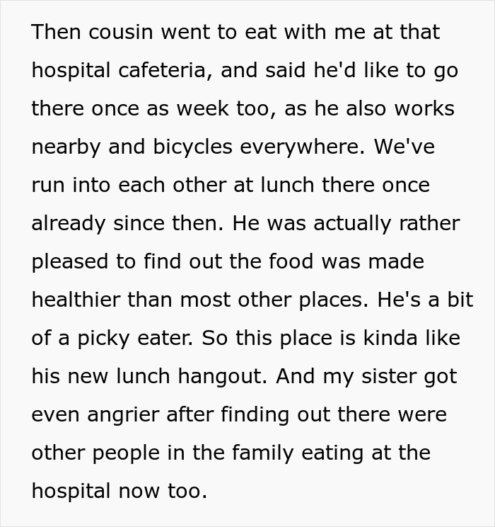 Text about a cousin enjoying hospital cafeteria lunches, causing family disagreements. Text about a cousin enjoying hospital cafeteria lunches, causing family disagreements.