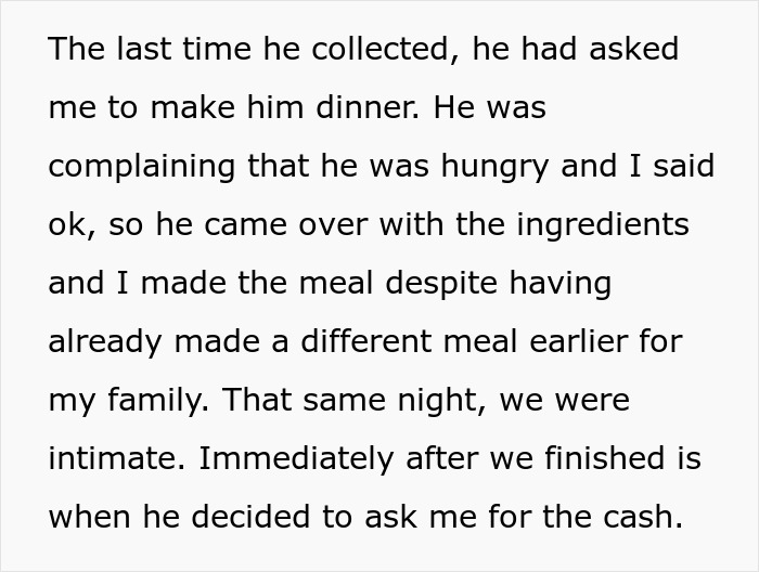 Text discussing a woman regretting agreeing to a free Europe trip with boyfriend demanding money.