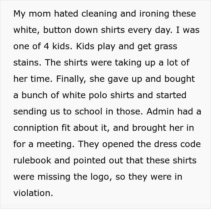 Text detailing a mom's unconventional solution to a school dress code, highlighting a dress code loophole. Text detailing a mom's unconventional solution to a school dress code, highlighting a dress code loophole.