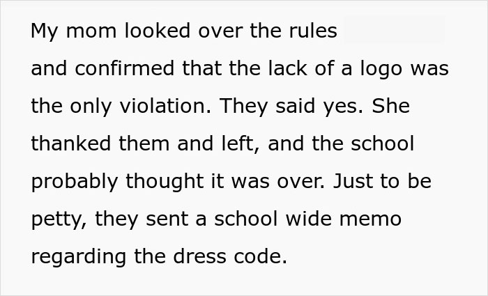 Text from a story about a mom exploiting a school dress code loophole, leading to a memo being issued. Text from a story about a mom exploiting a school dress code loophole, leading to a memo being issued.